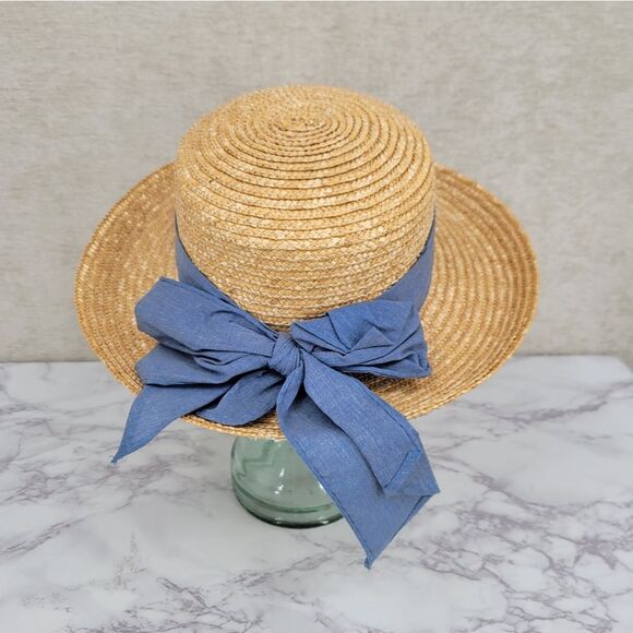 Vintage Straw Sun Hat with Blue Ribbon Bow Embroidered Flowers Cottagecore - Picture 1 of 8